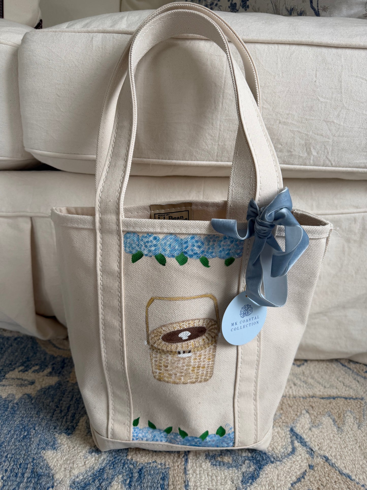Hand-painted LLBean tote: Lightship Basket & Hydrangeas