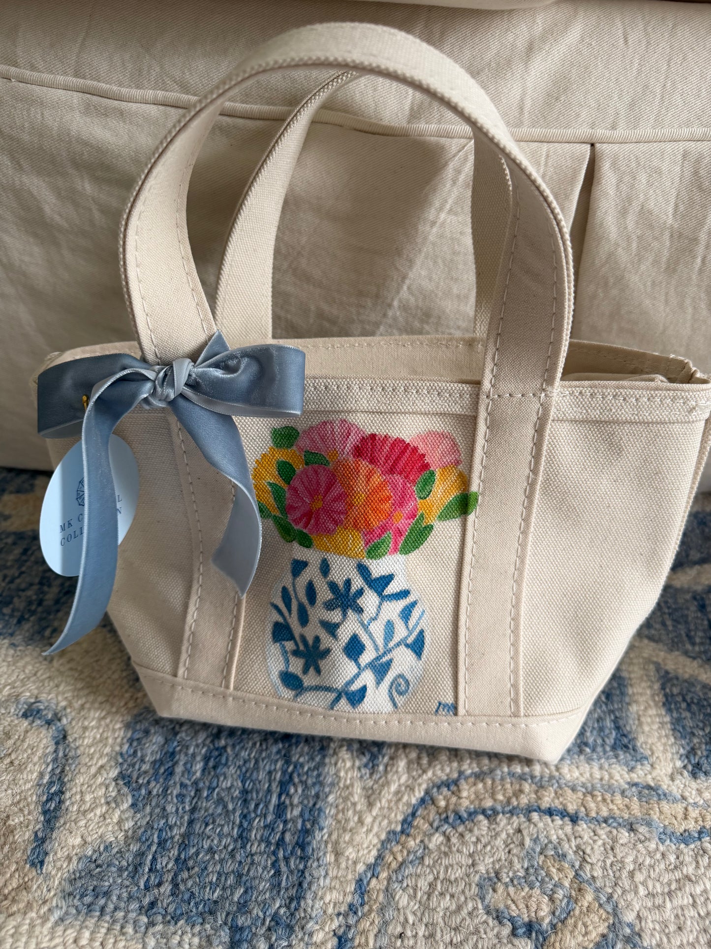 Hand-painted LLBean Tote: Dahlia Bouquet