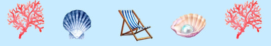 A graphic with coral, a blue seashell, a blue and white striped beach chair, a shell with a pearl, and another pink coral.