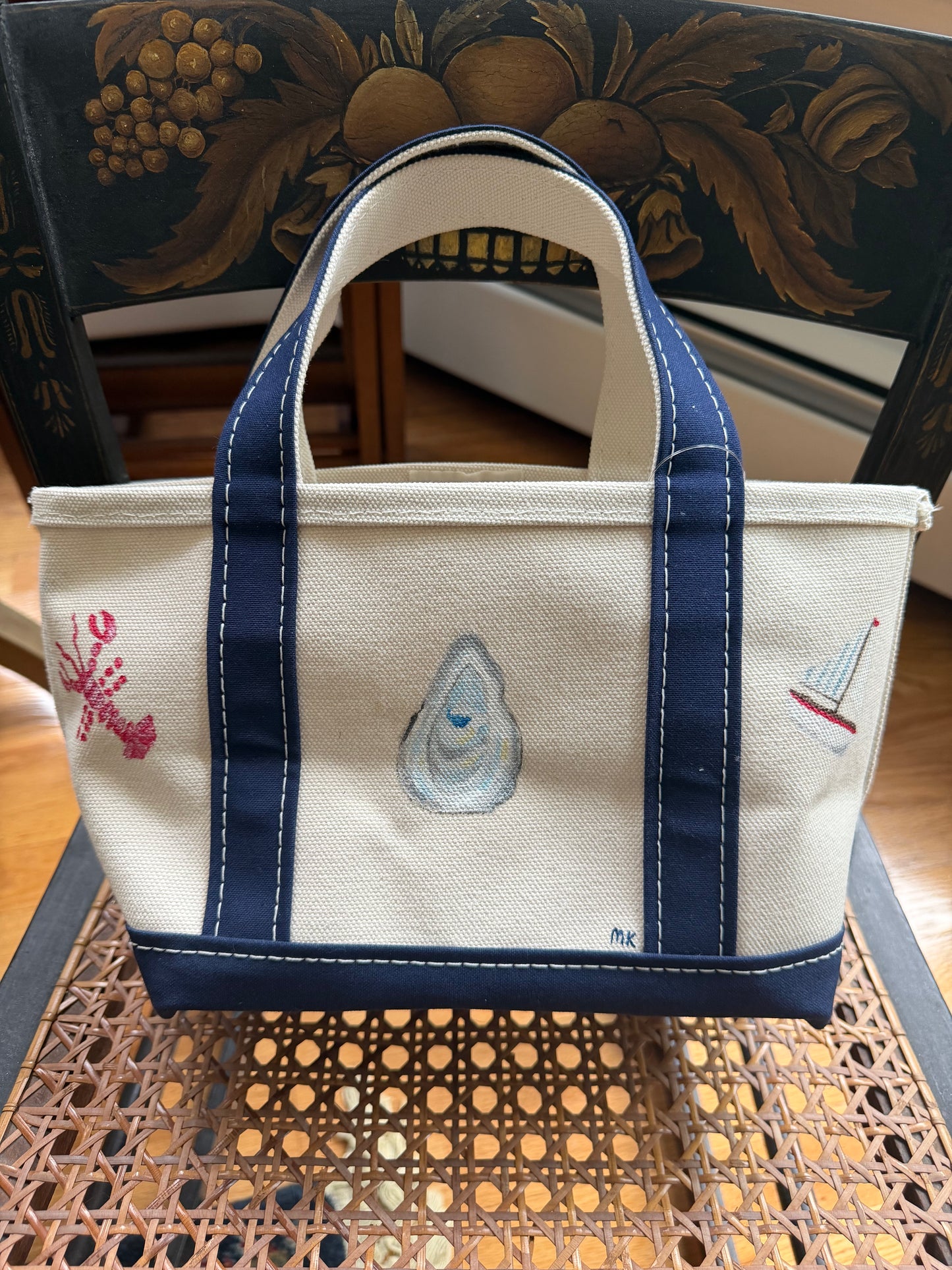 Coastal print hand-painted LL Bean tote