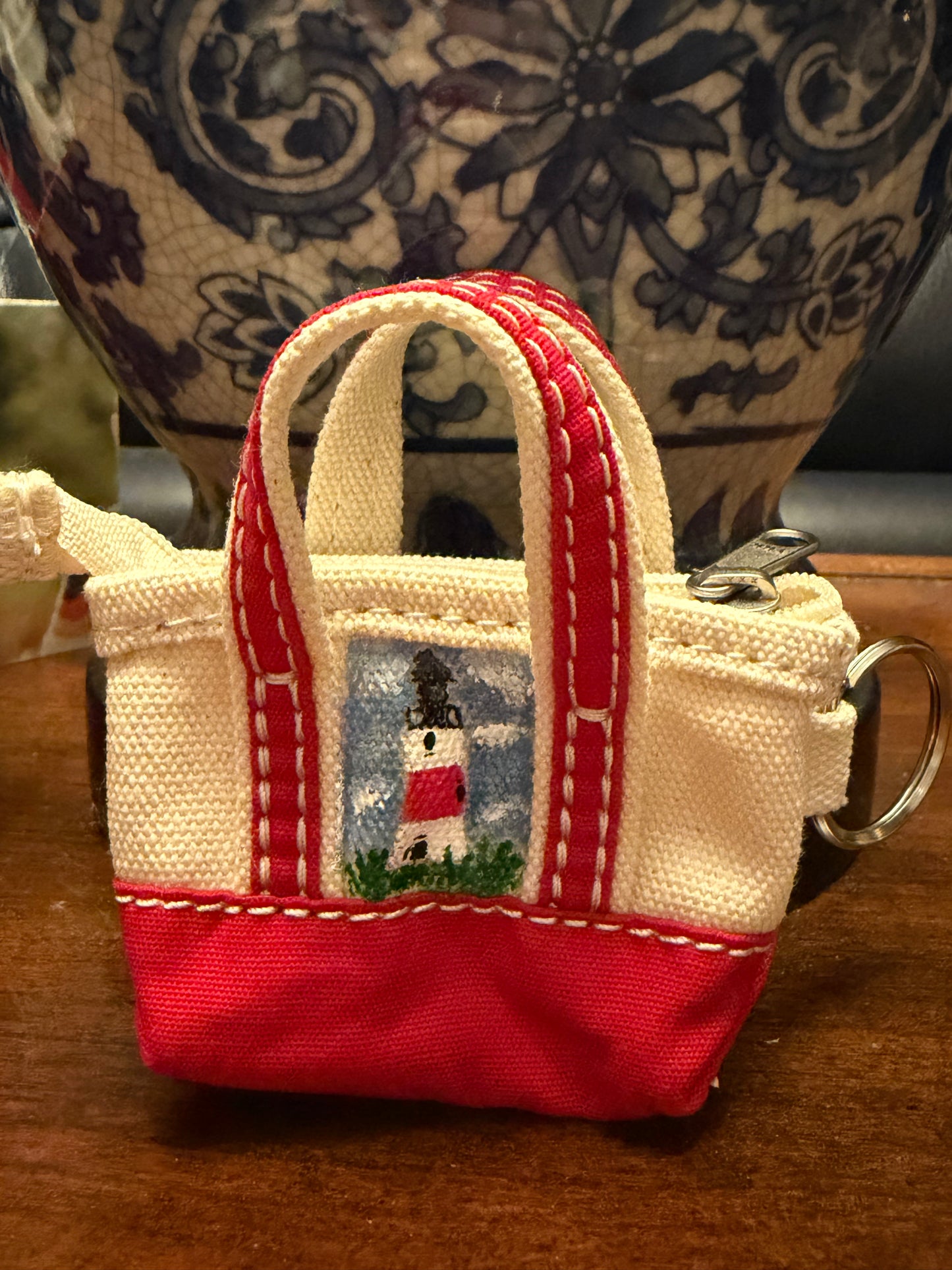Hand-painted LL Bean mini keychain tote